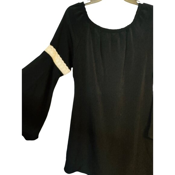 2/$30 VaVa Medium Boho Black & Ivory Tunic Mini Dress Lace Trim Bell Sleeves - Picture 13 of 16